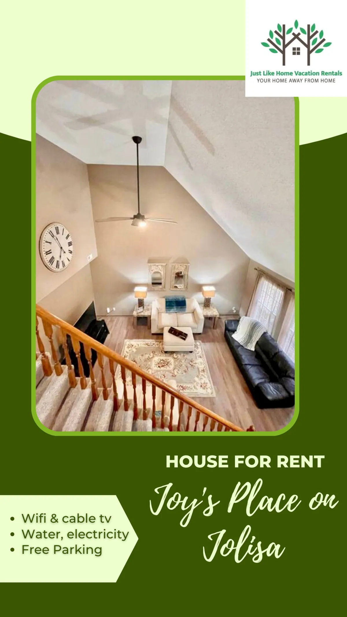 The image showcases a cozy, light-filled living room with inviting seating arranged around a decorative rug. A modern staircase, stylish wall clock, and decorative mirrors add contemporary charm. The space feels open and perfect for relaxing, socializing, or gathering with family and friends after a day exploring Smithville.